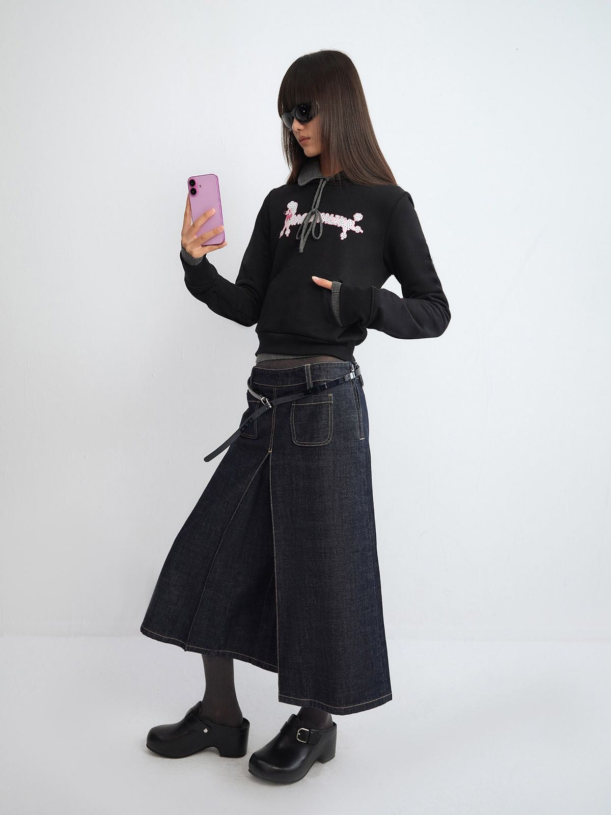 RARELY ALIKE Polka Dot Puppy Print Cropped Hoodie in Black - On Model