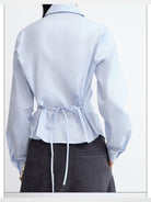 RARELY ALIKE Cotton Peter Pan Collar Blouse in Sky Blue - On Model
