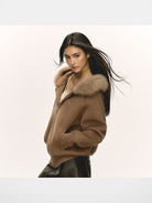 Ariseism Fur Collar Zip Up Knit Hoodie in Brown - On Model