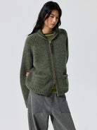 Simple Project Wool Blend Cowichan Zip Sweater in Green - On Female Model