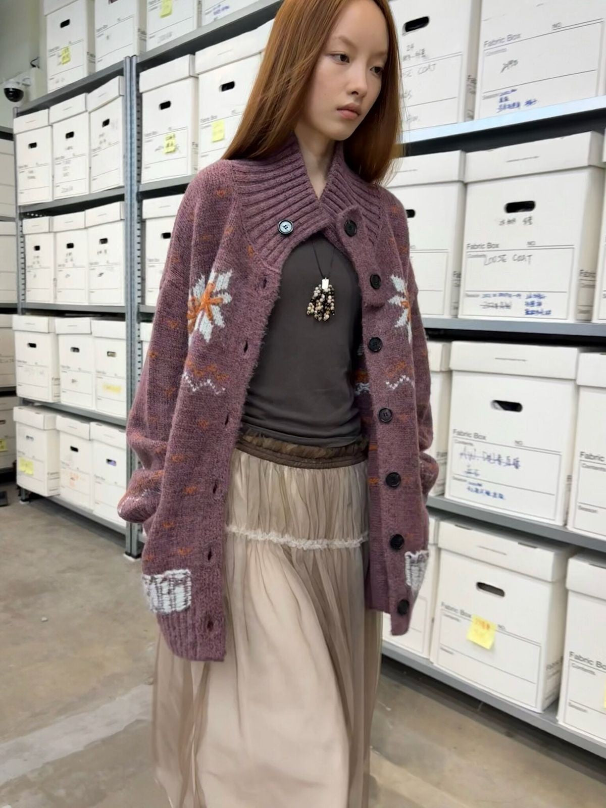 NeverSeez Hand Stitched Fair Isle Cardigan in Purple - On Model