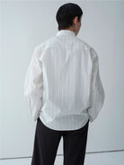 ROYA Hidden Placket Pinstripe Shirt in Black - On Model