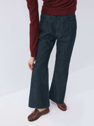 alright then Retro Raw Denim Flared Jeans in Blue - On Model