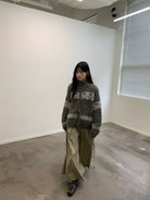 NeverSeez Fair Isle Dog Zip Up Cardigan in Gray - On Female Model