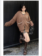 LOSTCTRL Double Zip Embroidered Cardigan in Brown - On Model