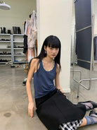 NeverSeez Beaded Lyocell Wool Tank Top in Blue - On Model