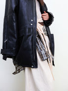 NeverSeez Mid Length Faux Leather Coat in Black - On Model