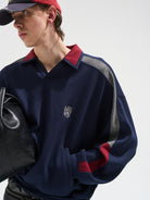 BLINDNOPLAN Contrast Panel Polo Sweatshirt in Navy Blue - On Model