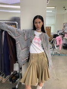 NeverSeez Plush Wool Blend Lantern Cardigan in Gray - On Female Model