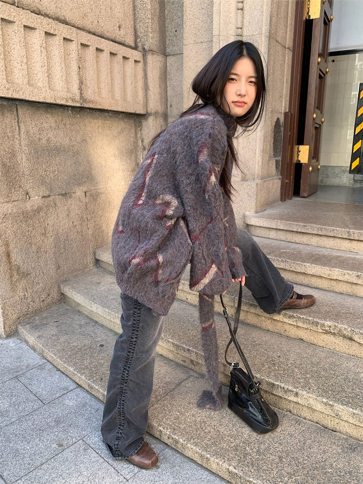 NeverSeez Side Ruched Micro Flare Jeans in Gray - On Female Model