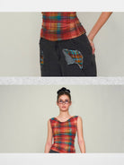 Amee Ruched Plaid Mesh Top in Red - On Model