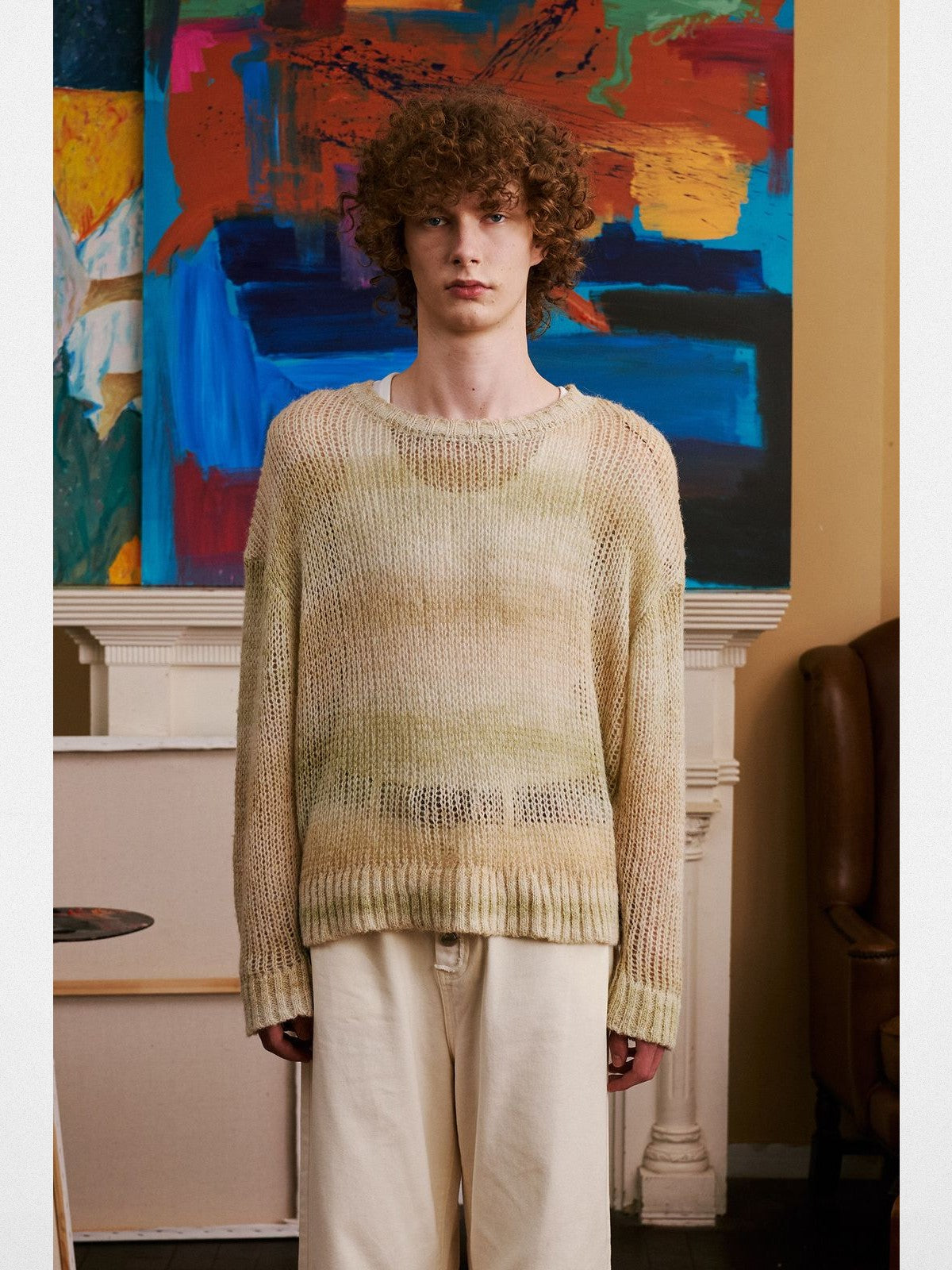 Retro 21 Gradient Open Knit Wool Blend Sweater in Sand - On Model