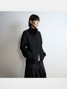 RandomPiece Merino Wool Draped Zip Cardigan in Black - On Model