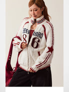 Beer Bro Varsity Patch Zip Up Cardigan in Off-White - On Model