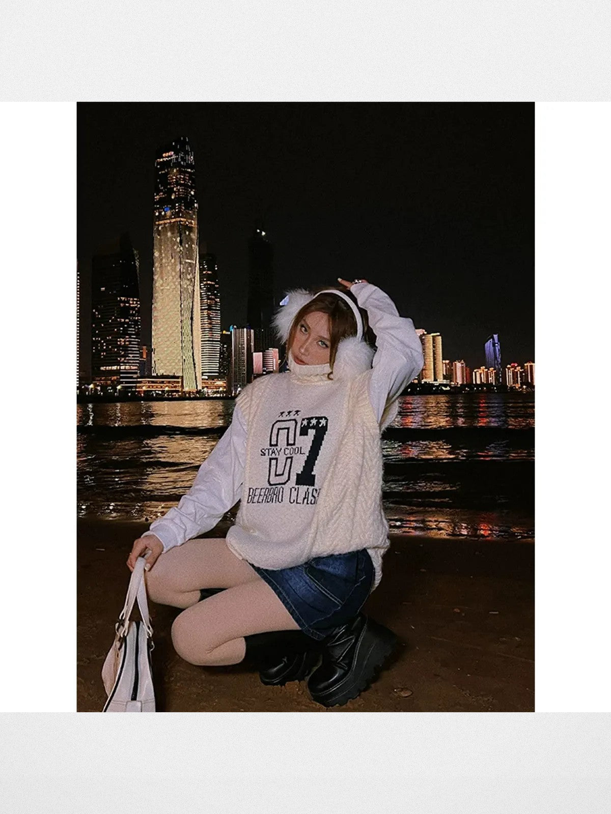 BeerBro Graphic Cable Knit Turtleneck Vest in Beige - On Model