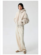 Simple Project Detachable Hood Faux Fur Jacket in Cream - On Model