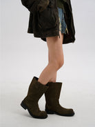MasonPrince Wide Shaft Military Boots in Olive - On Model