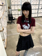 NeverSeez Kitten Graphic Baby Tee in Brown - On Model