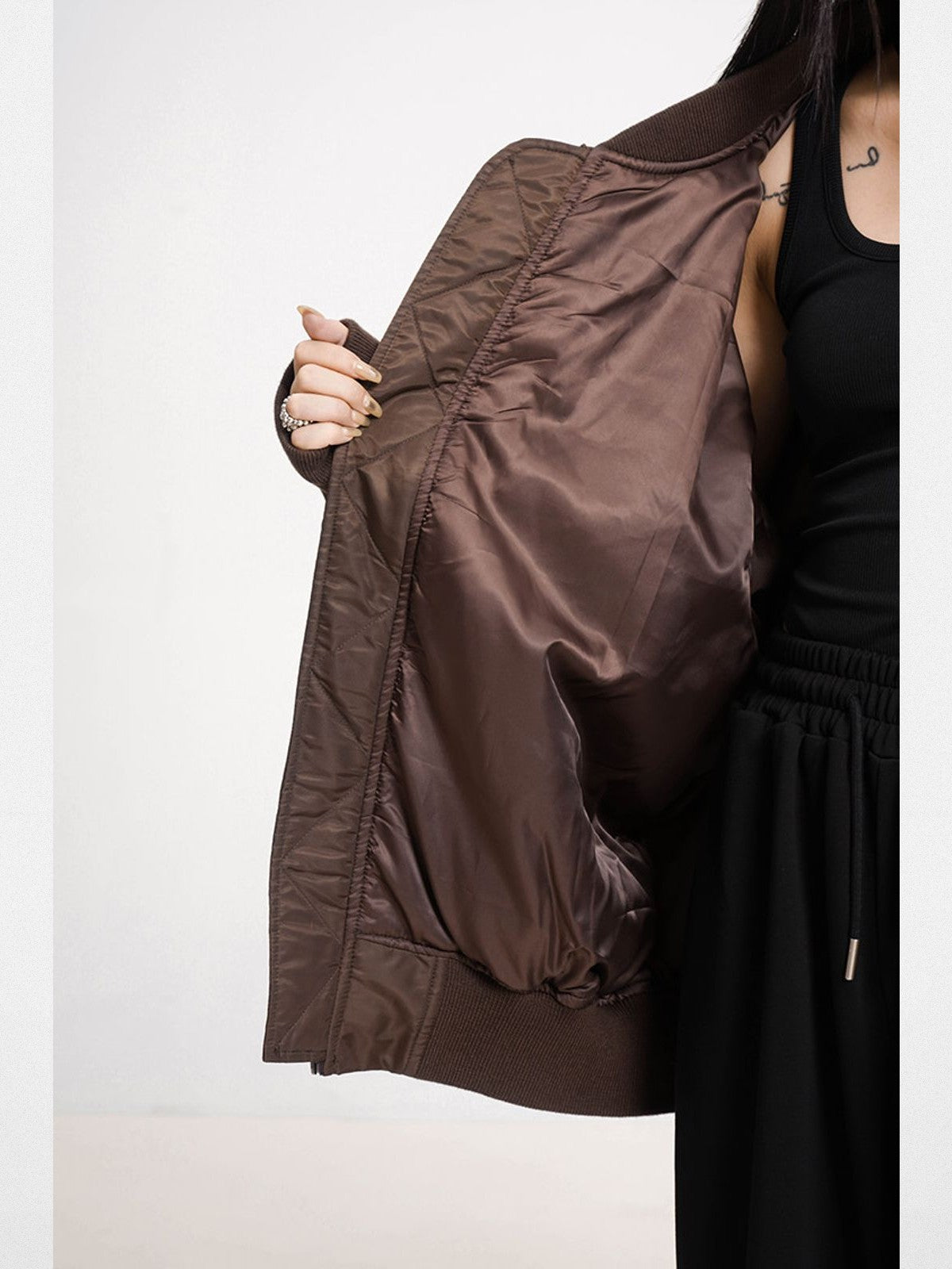 THELIGHT OFFICIAL Oversized Nylon Bomber Jacket in Brown - On Model