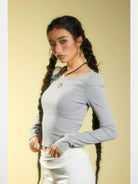 BeerBro Ribbed Embroidered Long Sleeve Top in Gray - On Model