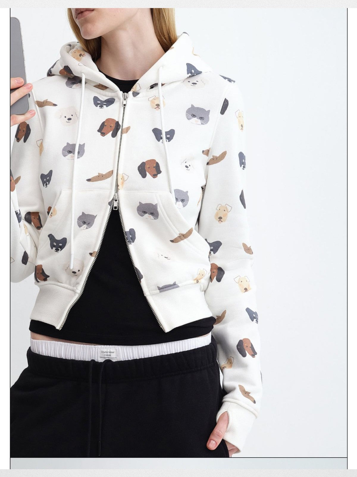 RARELY ALIKE Cat Dog Print Cropped Zip Hoodie in White - On Model