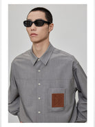 NANS Oversized Shirt with Leather Patch in Gray - On Male Model