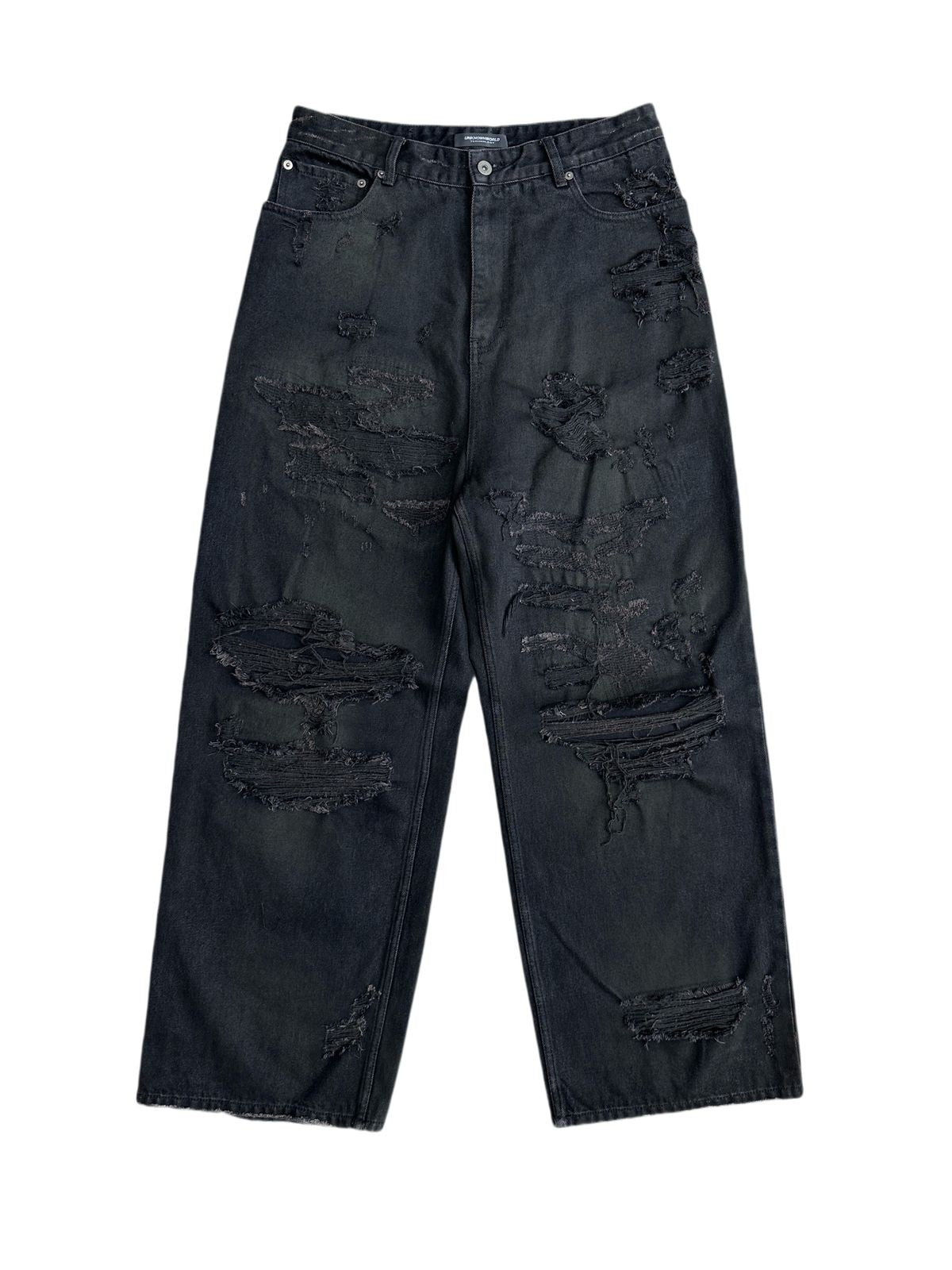 UNKNOWNWORLD Distressed Boro Mud Dyed Jeans in Black