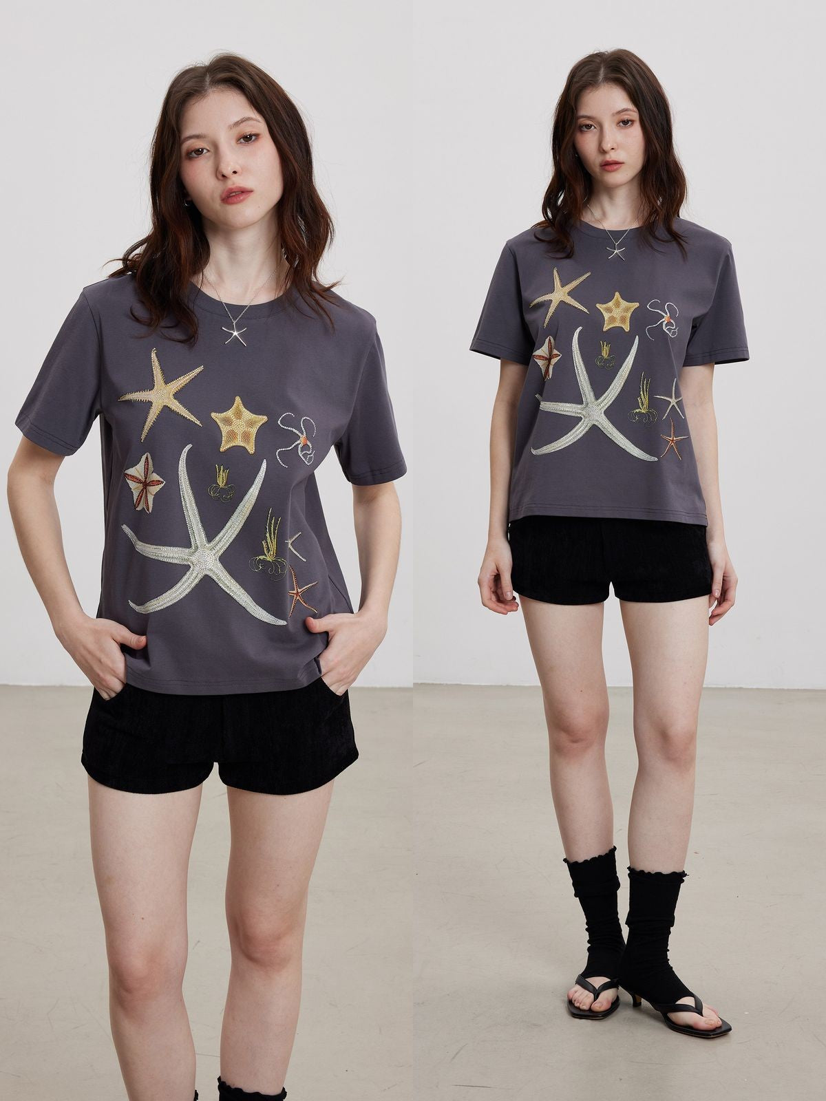 THELIGHT OFFICIAL Starfish Rhinestone T Shirt in Gray - On Model