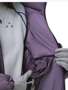 FPA Stand Collar Goose Down Puffer in Purple - On Female Model