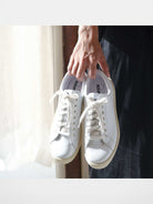 Soda Trendy Goods Italian Leather Tennis Sneakers in White/Ecru - On Model