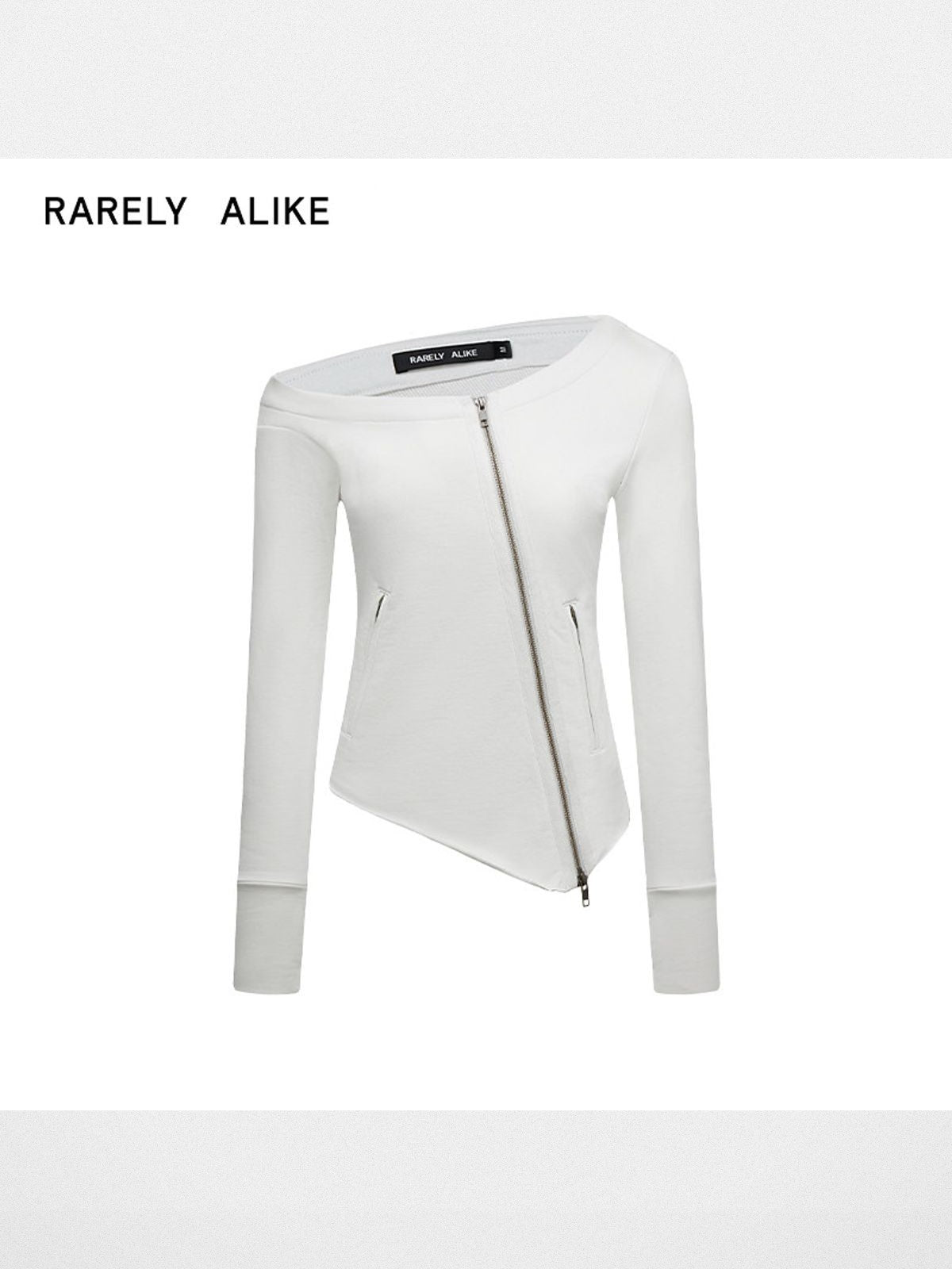 RARELY ALIKE Asymmetrical Zip Up Sweatshirt in White