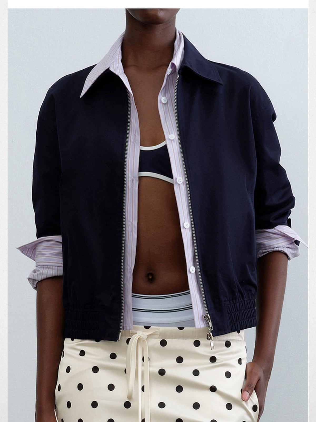 RARELY ALIKE Faux Two Piece Striped Collar Jacket in Navy Blue - On Model