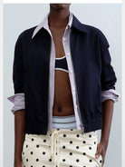 RARELY ALIKE Faux Two Piece Striped Collar Jacket in Navy Blue - On Model