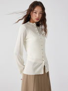 Simple Project High Neck Ribbed Wool Cardigan in White - On Model