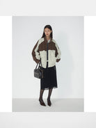 RandomPiece Color Block Stand Collar Jacket in Brown - On Model