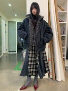 NeverSeez Spliced Plaid Linen Maxi Skirt in Black - On Model