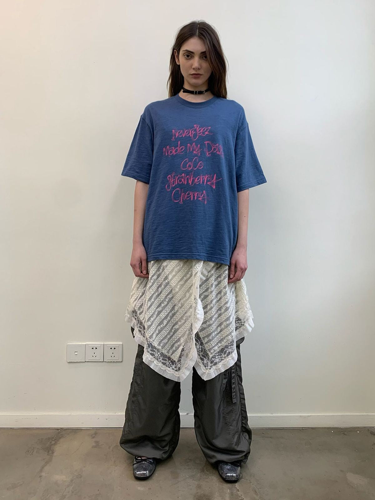 NeverSeez Graphic Slub Cotton T Shirt in Blue - On Female Model