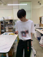 NeverSeez Hazy Puppy Print Cotton T Shirt in White - On Male Model