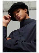 Simple Project Windmill Paneled Newsboy Cap in Black - On Male Model