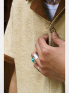 Retro 21 Spliced Wool Blend Knit Shirt in Cream - On Model