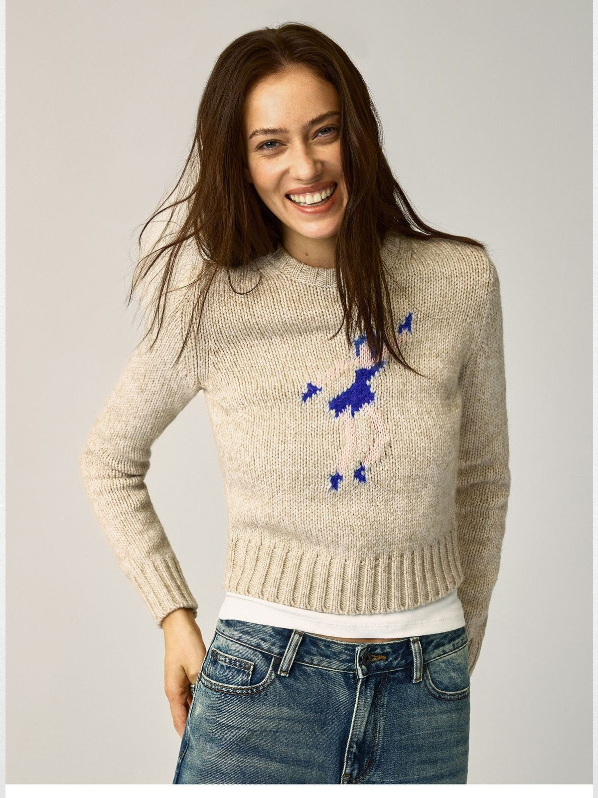 Alright then Dancing Figure Jacquard Sweater in Apricot - On Model