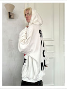 Triangle Project No Barking Graphic Fleece Hoodie in White - On Model