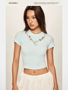 BeerBro Faux Seashell Necklace Tee in Sky Blue - On Model