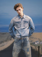 SOD Co. Distressed Ink Splatter Denim Shirt in Blue - On Model