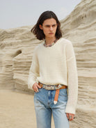 Retro 21 Hollow Knit Wool Mohair Sweater in White - On Model