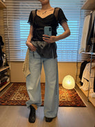 NeverSeez Washed Embroidered Wide Leg Jeans in Blue - On Model