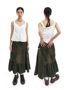 NeverSeez Asymmetric Vintage Wash Denim Skirt in Dark Wash - On Model