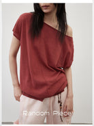 RandomPiece Asymmetric Linen Blend Knit Top in Pink - On Model