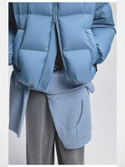 NANS 90 White Duck Down Crinkle Puffer in Sky Blue - On Female Model