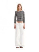 PUKI Striped Half Sleeve Cropped T Shirt in Gray - On Model